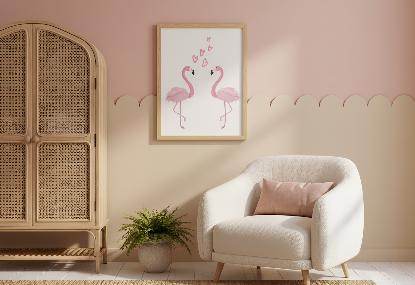 Living room with a white armchair, wicker cabinet, and flamingo artwork on a pink wall.