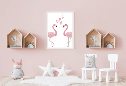 Children's room with pink flamingo artwork on a wall, shelves, and toys.