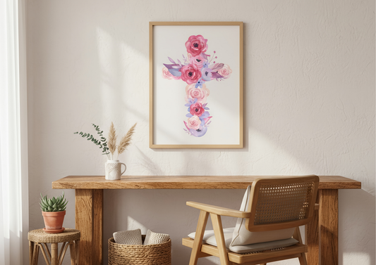 Wooden desk with chair, plant, and floral cross art on wall.