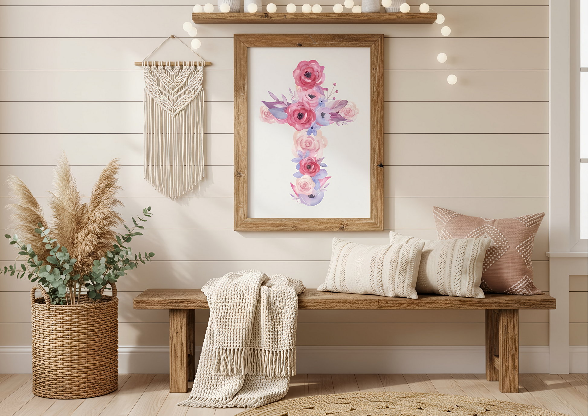 Nest living room with wooden bench, floral cros  wall art, and decorative elements.