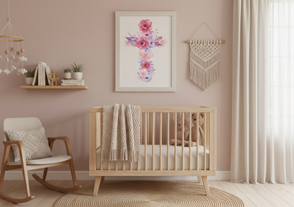 Nursery room with wooden crib, rocking chair, and floral cross wall art.