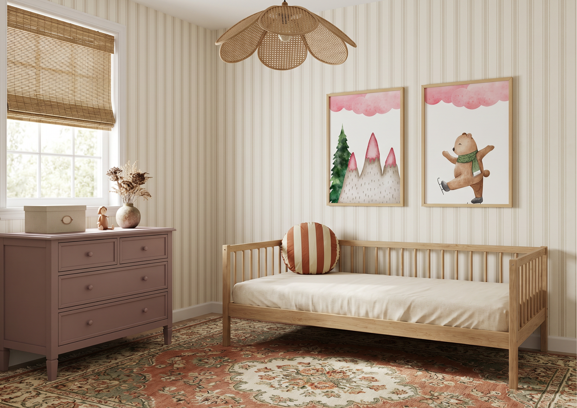 A cozy children's room with striped wallpaper, a light wood daybed, a mauve dresser, and two framed winter bear art prints.