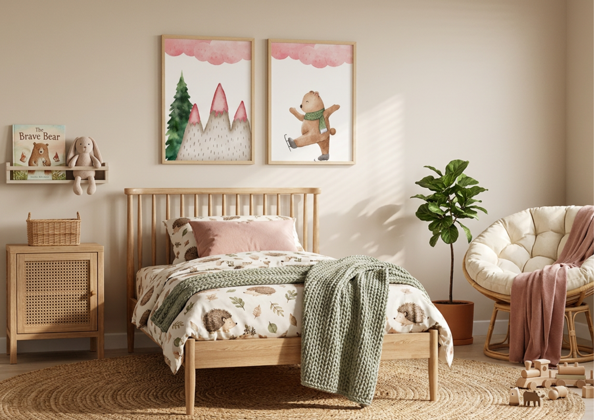 Two framed winter bear art prints hanging above a light-wood spindle bed with hedgehog bedding in a neutral children's room.