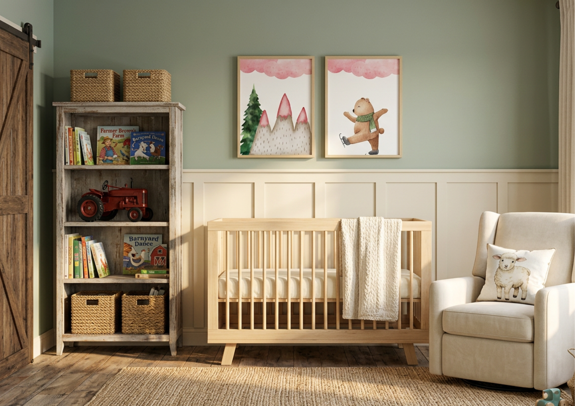 Two framed watercolor winter bear art prints hanging above a light-wood crib with a matching bookshelf in a sage green nursery.