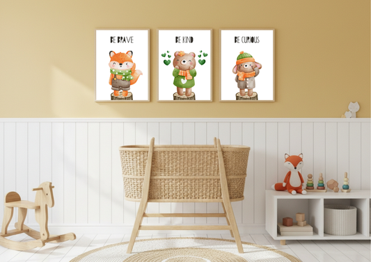 Children's room with framed animal prints on the wall and a wicker crib.