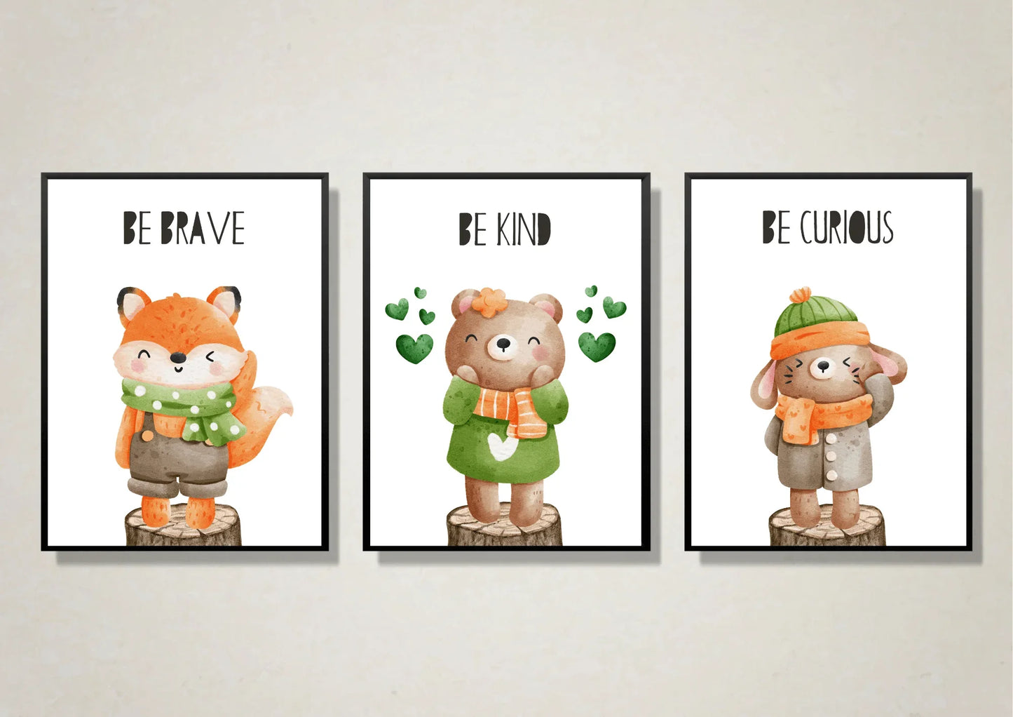 Three motivational posters featuring animals with inspirational quotes on a wall.