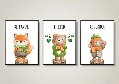 Three motivational posters featuring animals with inspirational quotes on a wall.