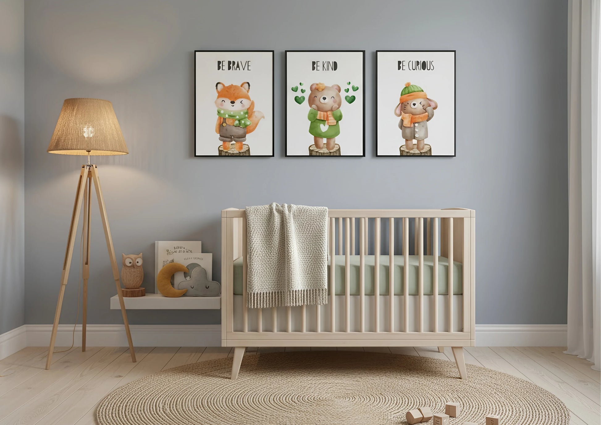 Nursery room with wooden crib, lamp, and wall art featuring animals.