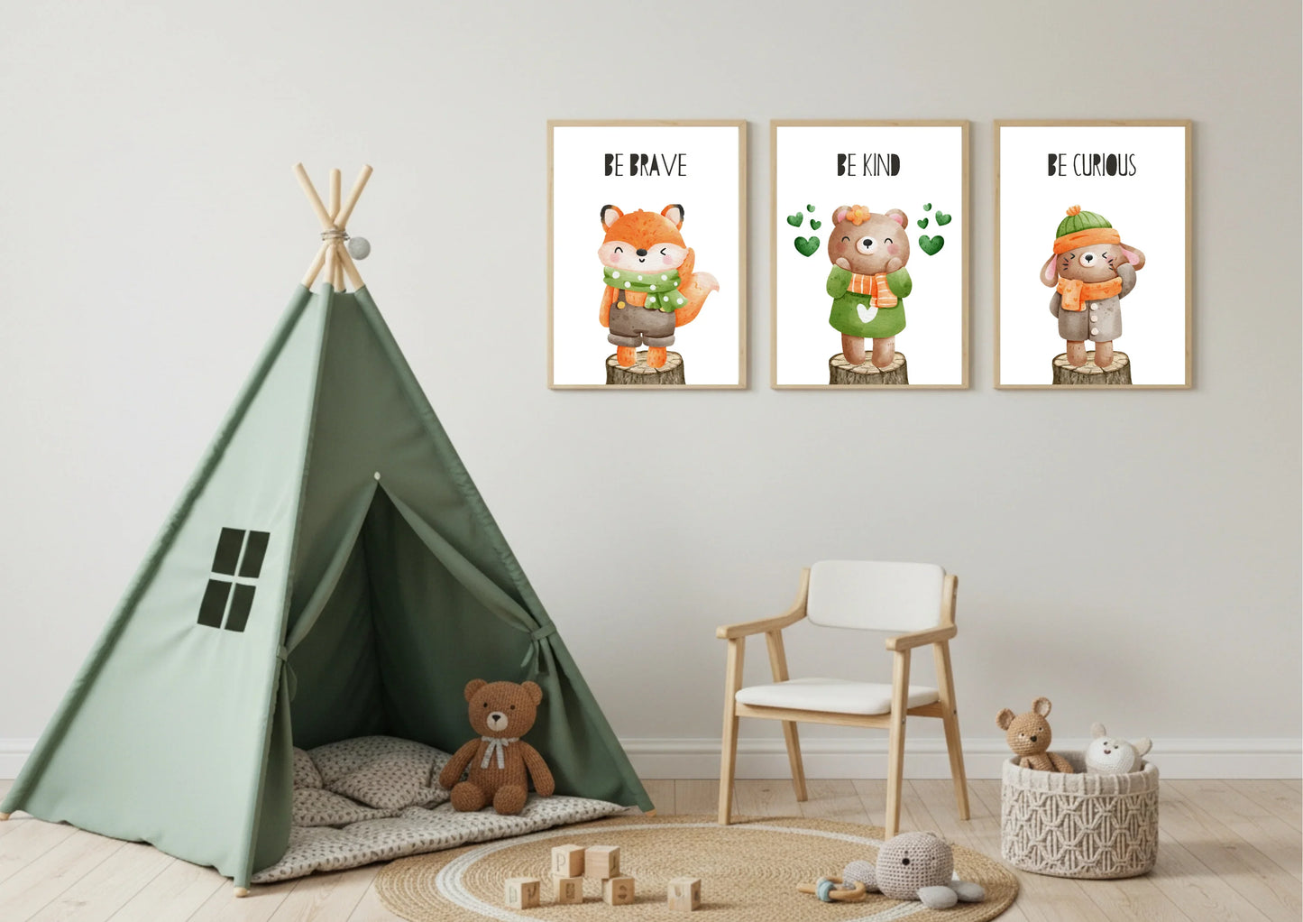 Children's room with a green teepee, teddy bear, chair, and wall art featuring cartoon animals.