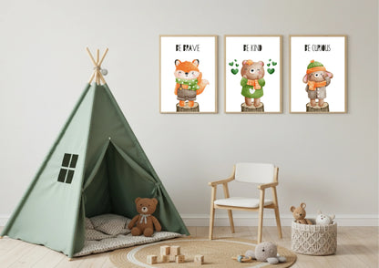 Children's room with a green teepee, teddy bear, chair, and wall art featuring cartoon animals.