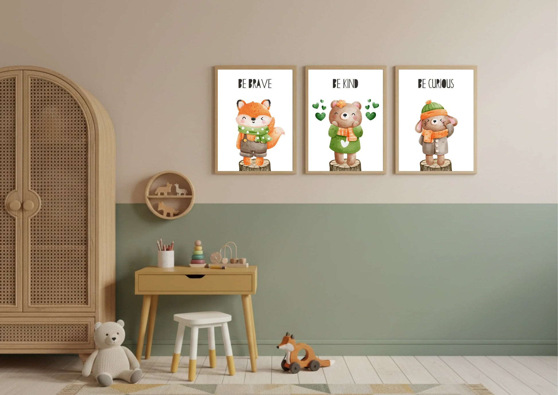 Children's room with wall art featuring cartoon animals and a wooden wardrobe.