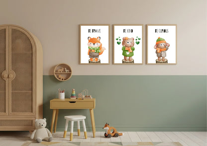 Children's room with wall art featuring cartoon animals and a wooden wardrobe.