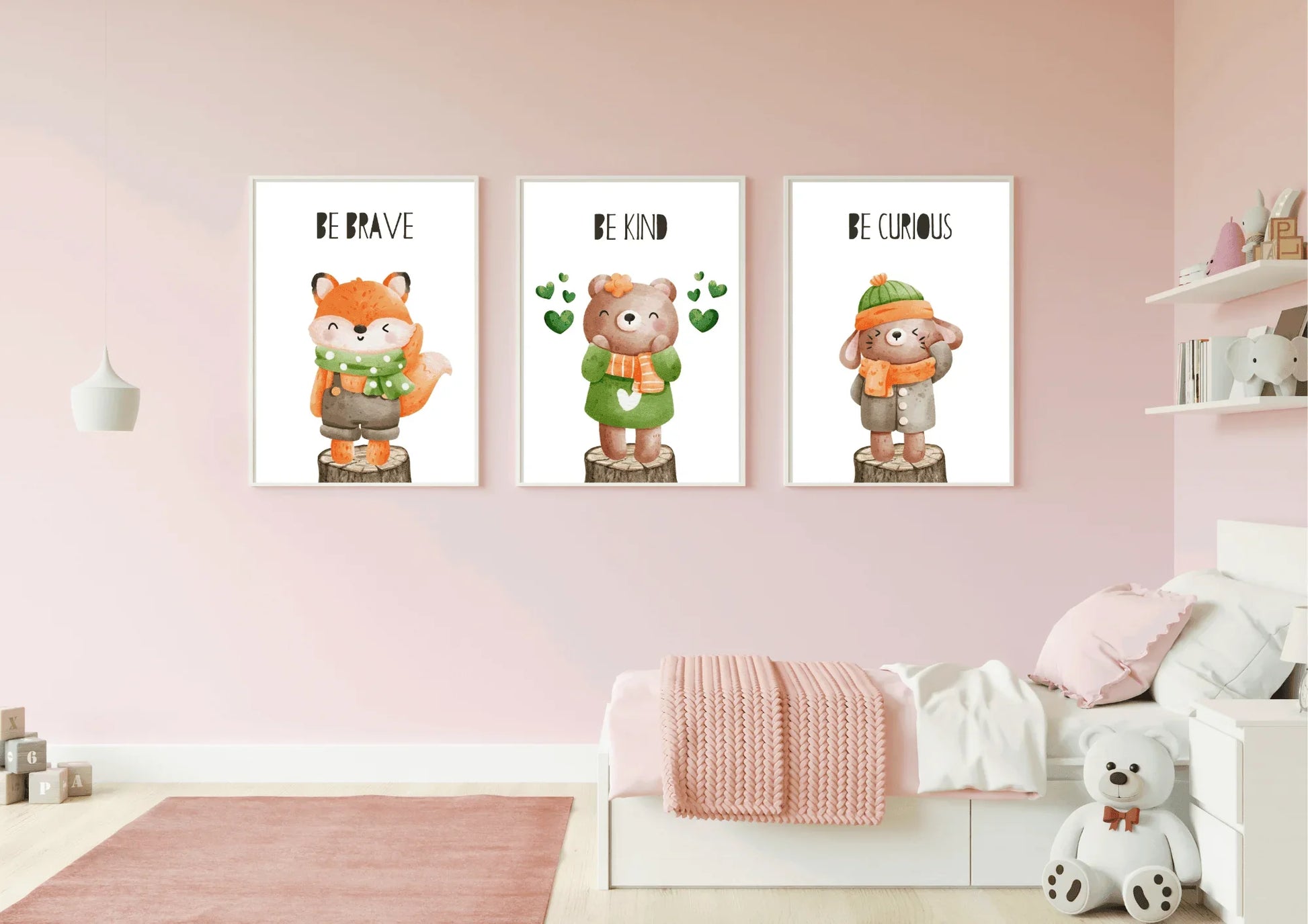 Children's room with motivational posters on a pink wall
