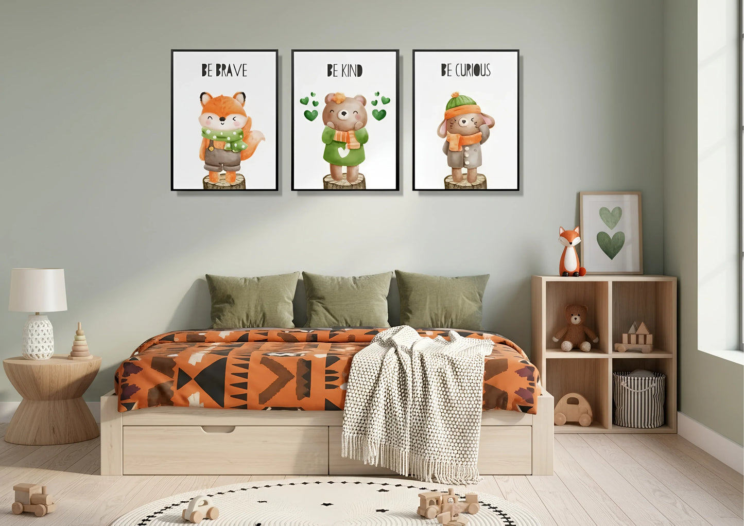 Children's bedroom with a bed, shelves, and wall art featuring animals and motivational phrases.