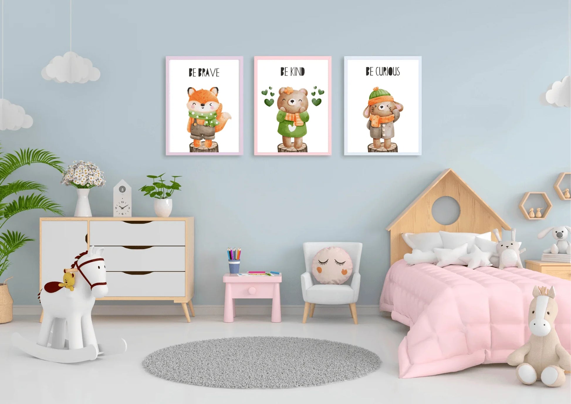 Children's bedroom with posters of animals, and furniture.