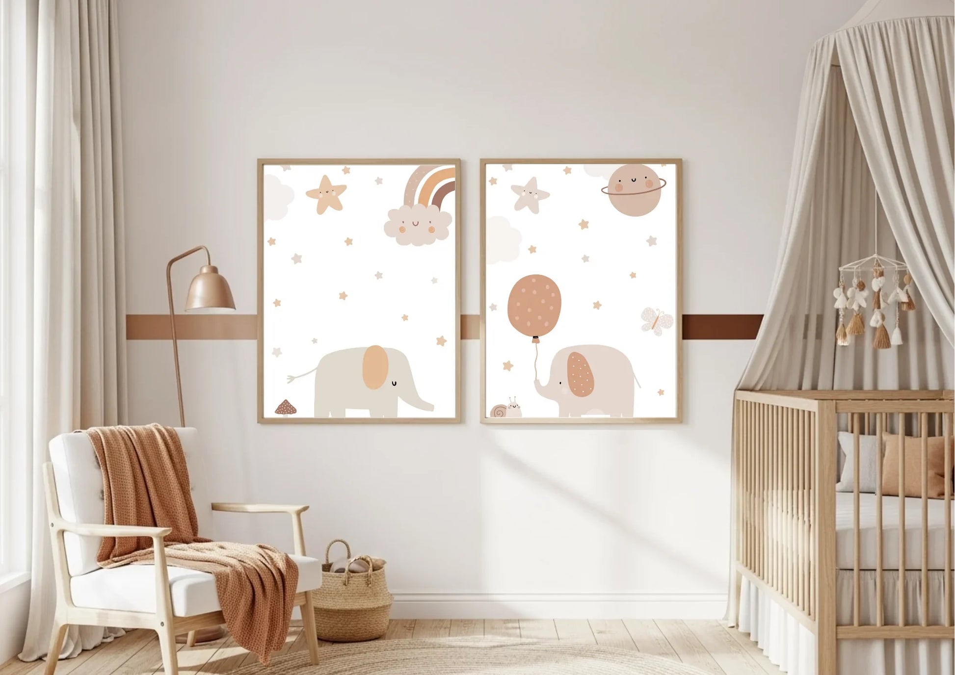 Nursery room with two framed pictures of elephants on the wall, a crib, and a chair.