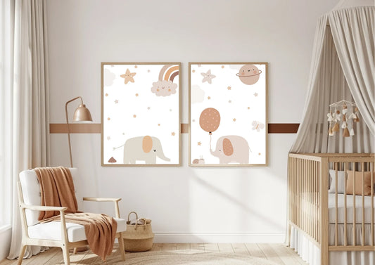 Nursery room with two framed pictures of elephants on the wall, a crib, and a chair.