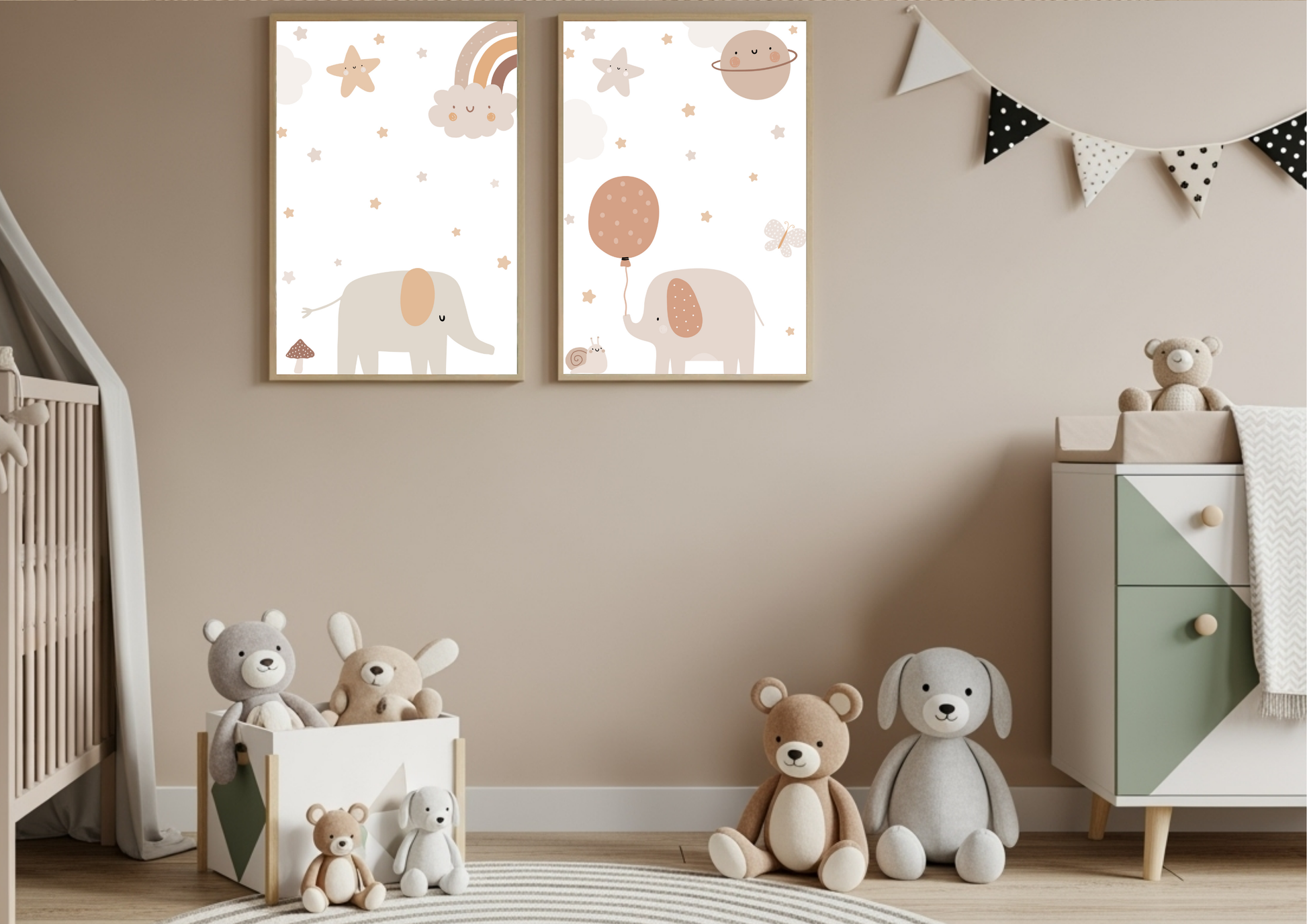 
A nursery scene featuring a set of two framed digital prints of cute elephants, stars, and celestial elements in neutral, earthy tones, hanging on a beige wall. A crib and a dresser with sage green accents are visible, along with a collection of plush teddy bears and bunnies on the floor and in a small storage bin.