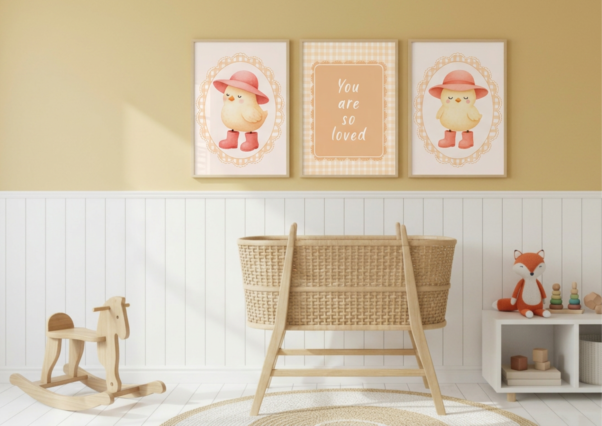 Nursery room with framed chicken illustrations, wicker crib, and wooden rocking horse.
