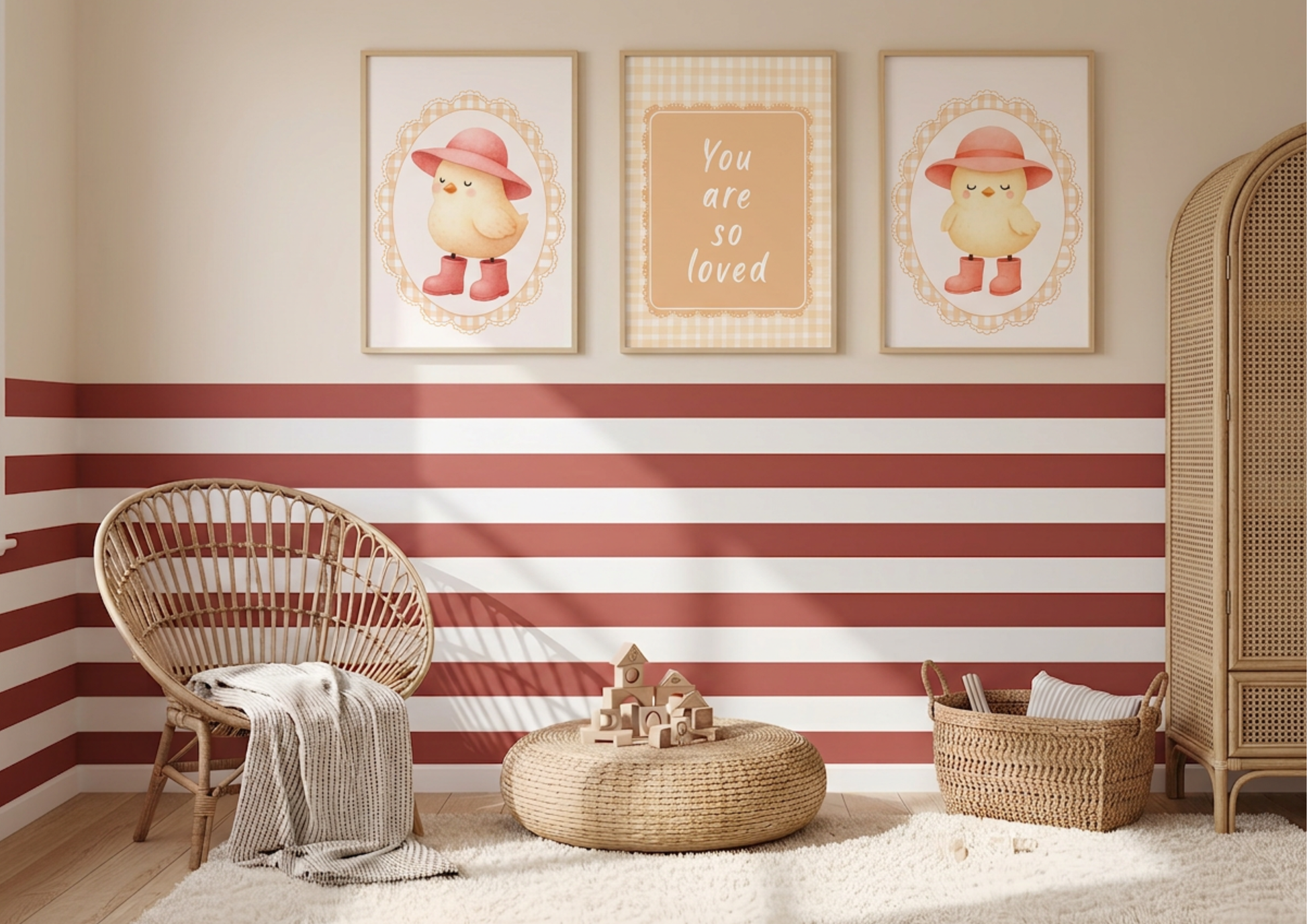 Nursery room with striped walls, wicker chair, ottoman, and children's gingham wall decor.
