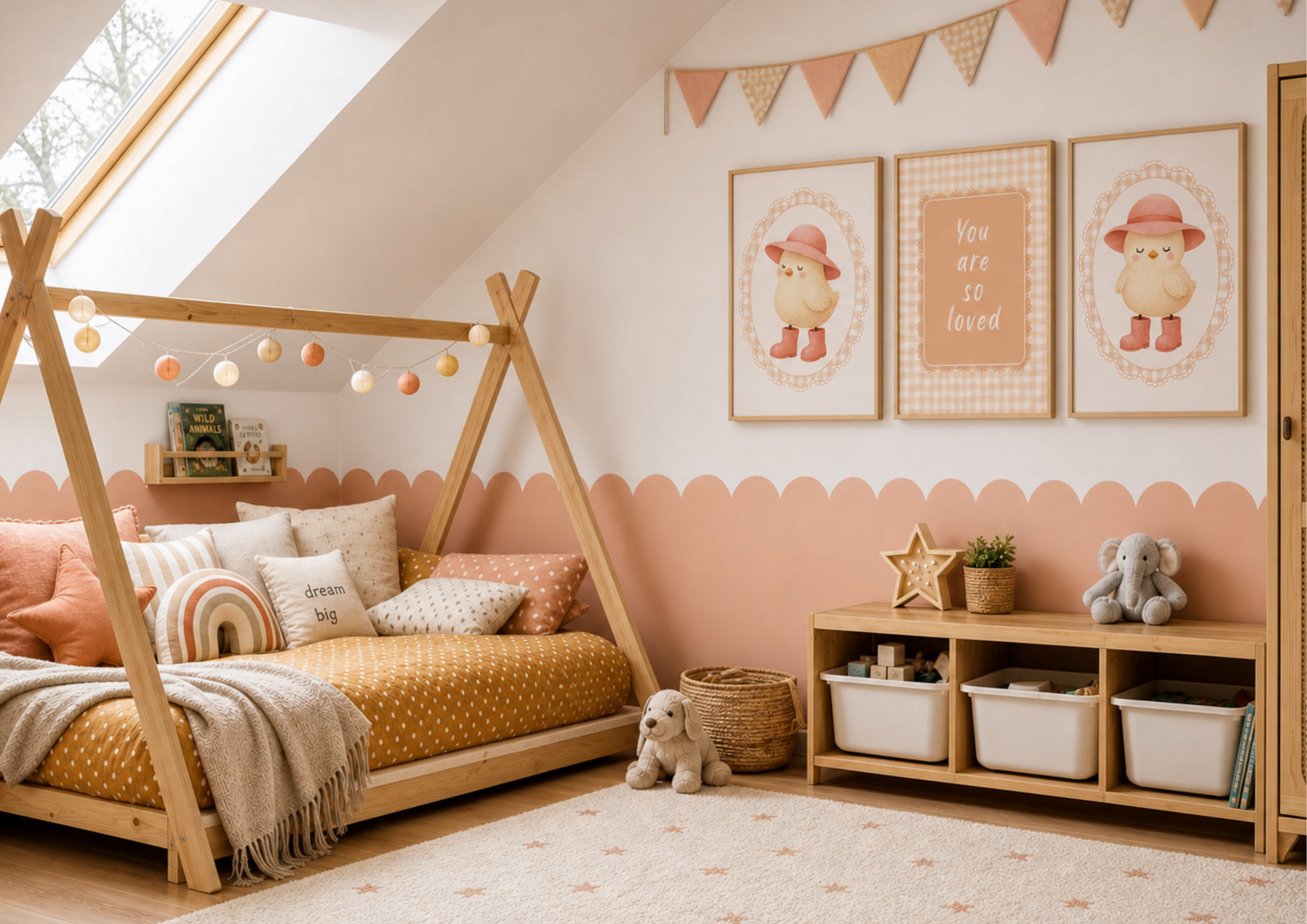 Children's bedroom with wooden teepee bed, pink walls, and baby chic wall art.