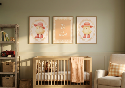Nursery room with wooden crib, baby toys, and farm themed decorative wall art.