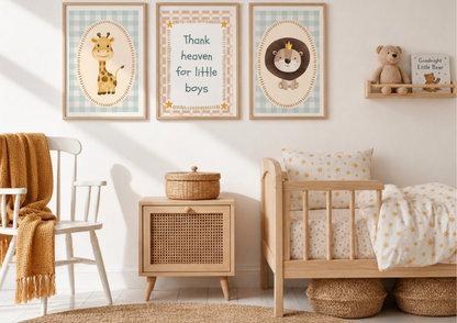 Nursery room with wooden crib, framed animal gingham artwork, and teddy bear.