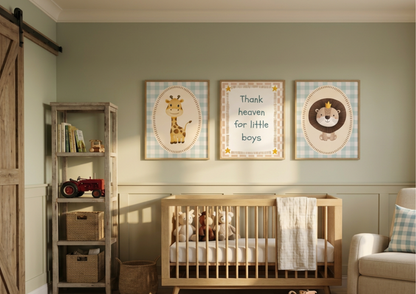 Nursery room with wooden crib, bookshelf, and wall art featuring a giraffe, lion, and text.