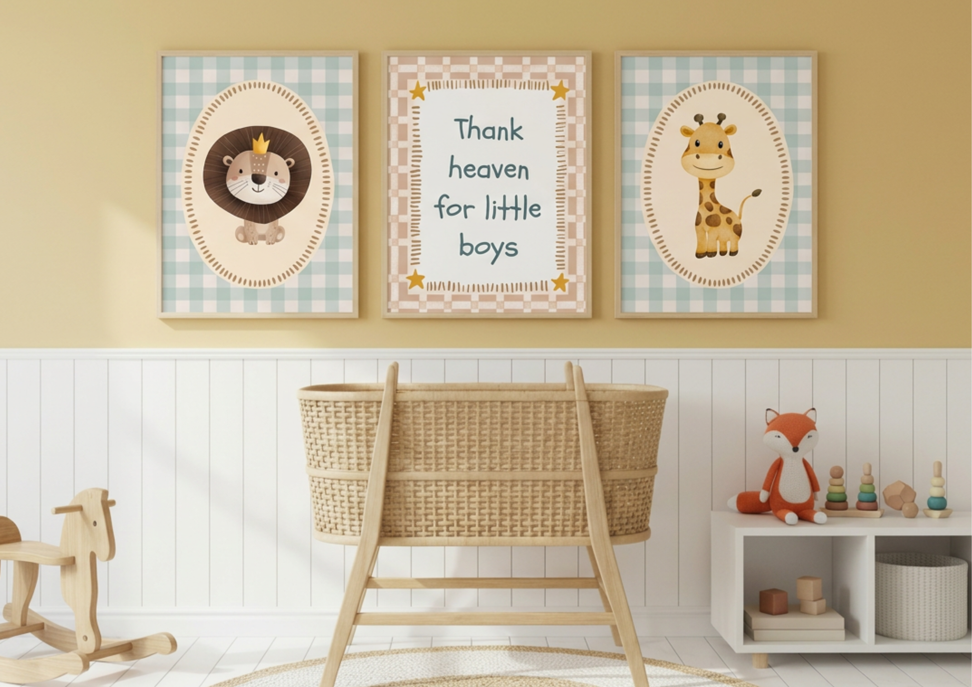 Nursery room with framed animal prints and wooden crib