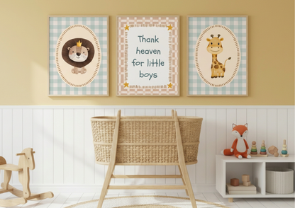Nursery room with framed animal prints and wooden crib