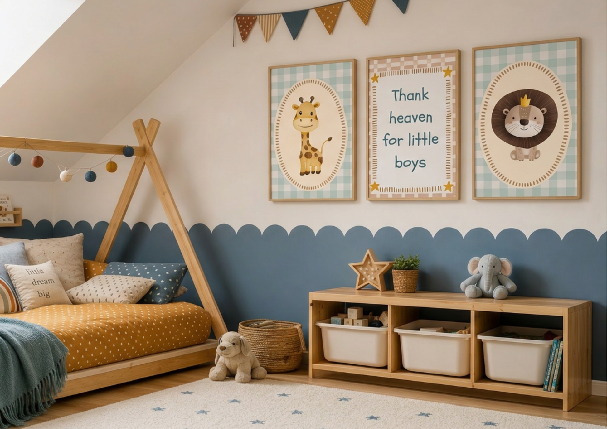 Children's bedroom with a teepee bed, storage unit, and decorative wall art.