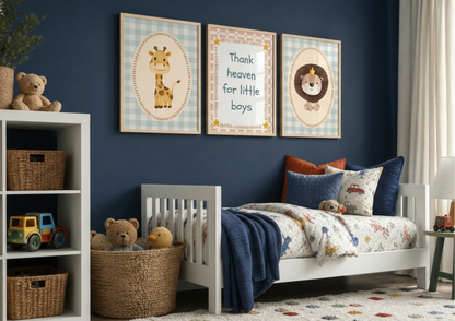Children's bedroom with blue walls, framed animal prints, and a white crib.