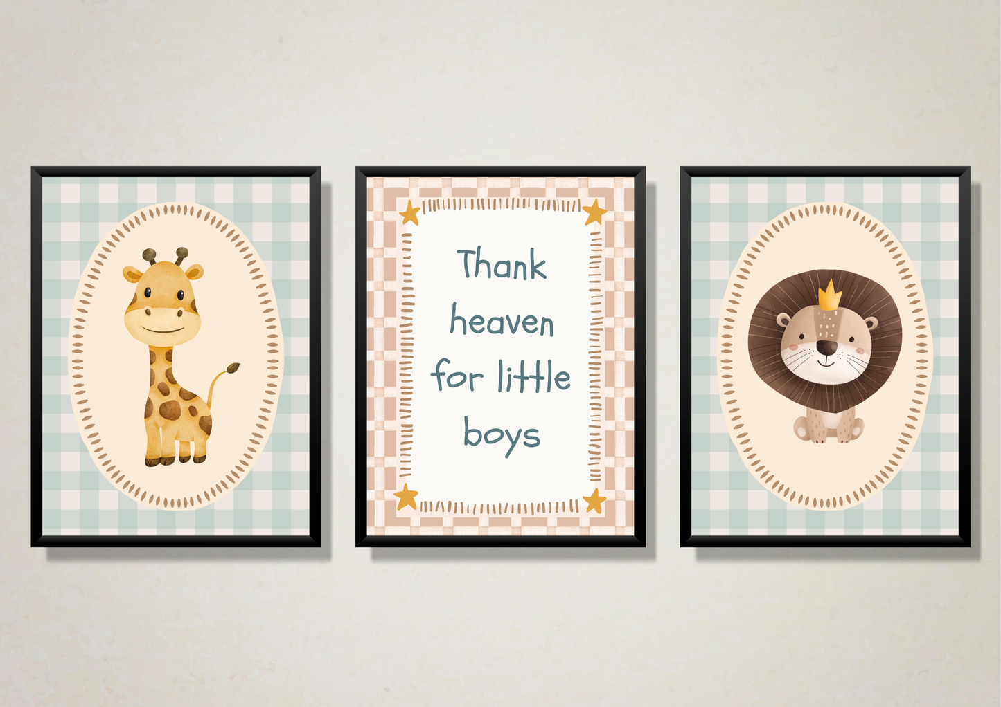 Three framed prints with animal illustrations and text on a wall.