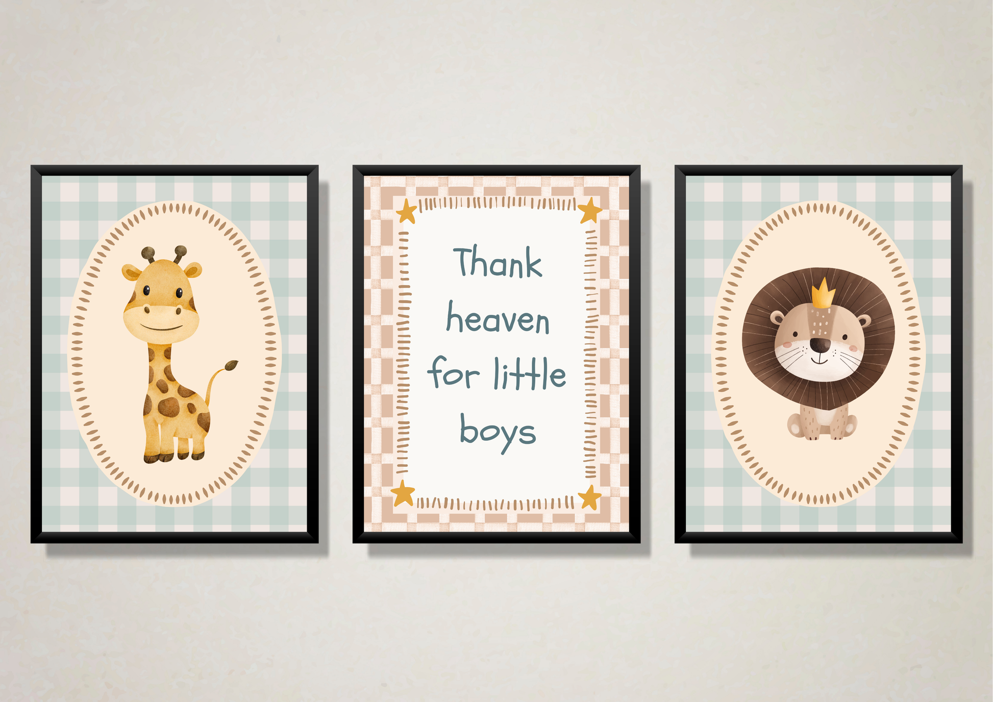 Three framed prints with animal illustrations and text on a wall.