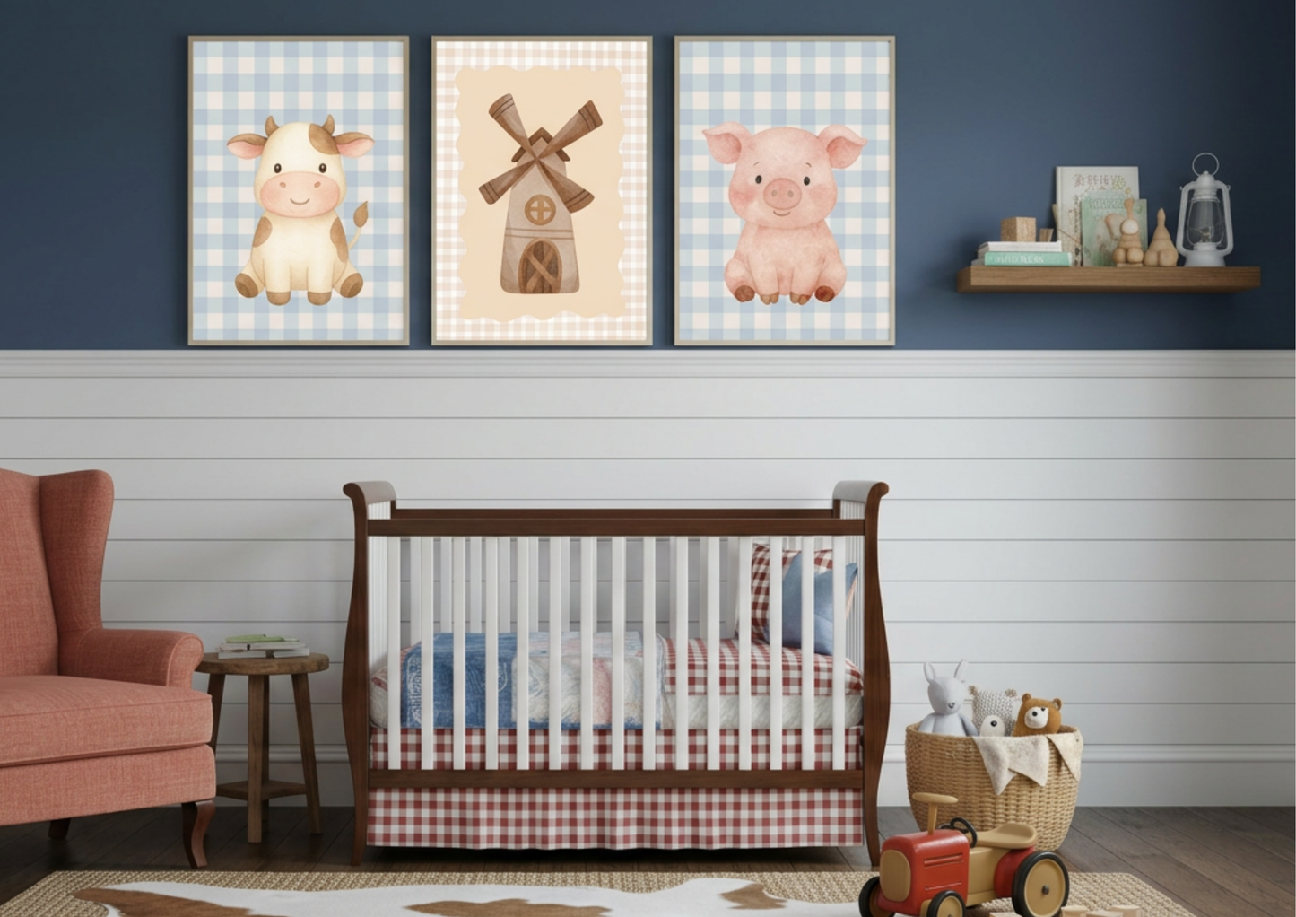 Nursery room with a crib, armchair, and wall art featuring farm animals.