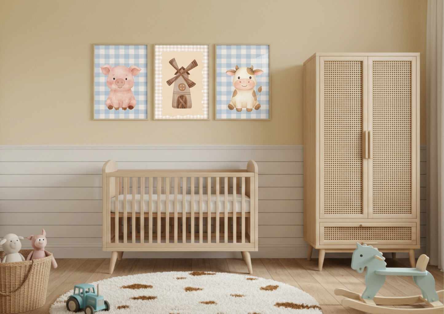 Nursery room with wooden crib, wardrobe, and decorative wall art.