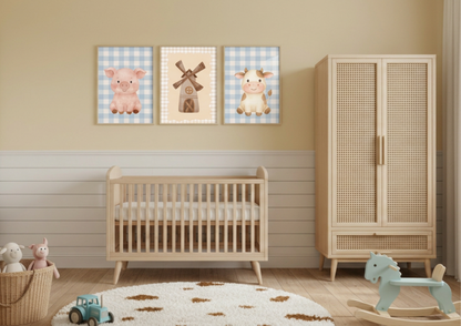 Nursery room with wooden crib, wardrobe, and decorative wall art.