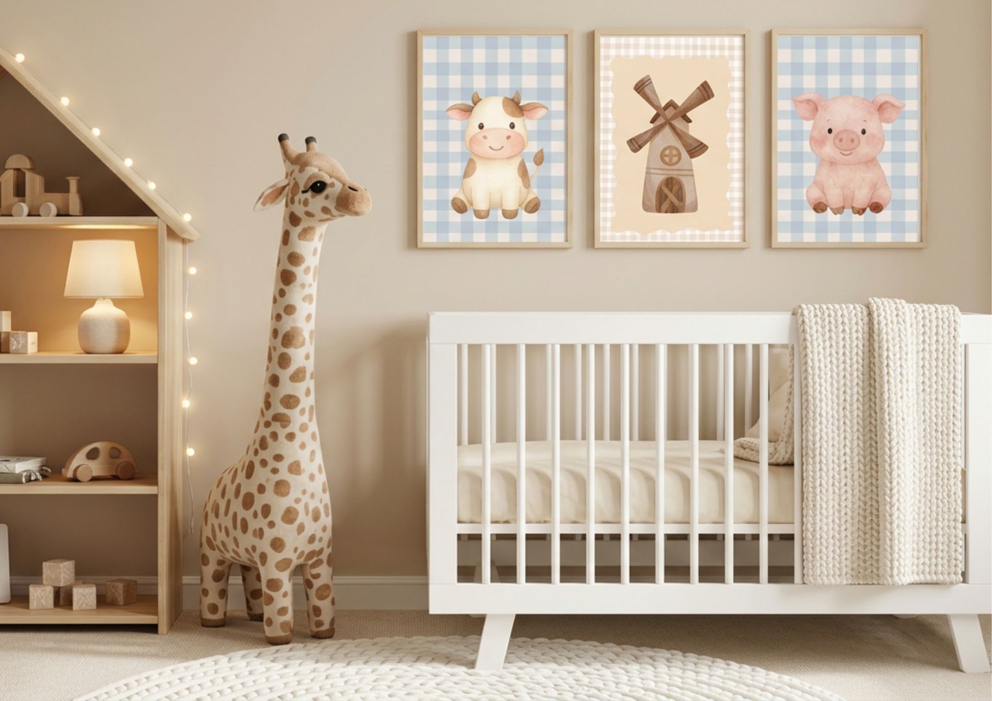 Nursery room with white crib, stuffed giraffe, and wall art of animals.
