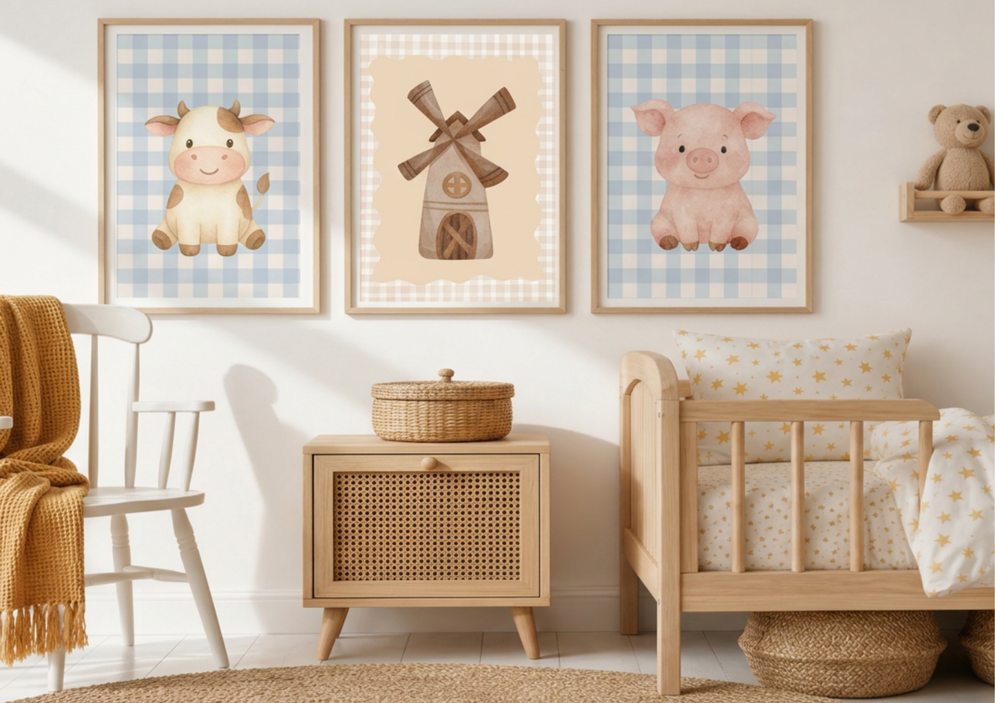 Nursery room with wooden crib, wall art of farm animals, and wicker basket.