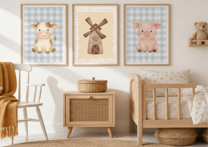 Nursery room with wooden crib, wall art of farm animals, and wicker basket.