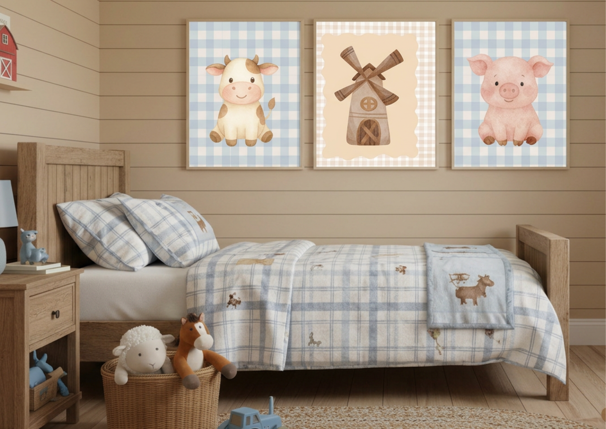 Children's bedroom with farm-themed wall art and bedding.