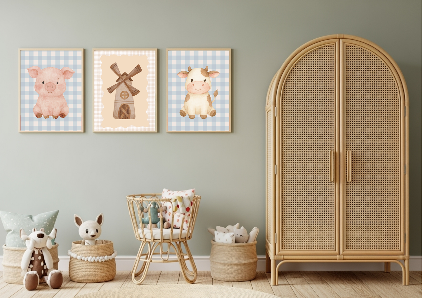 Children's room with framed animal prints and wicker furniture.
