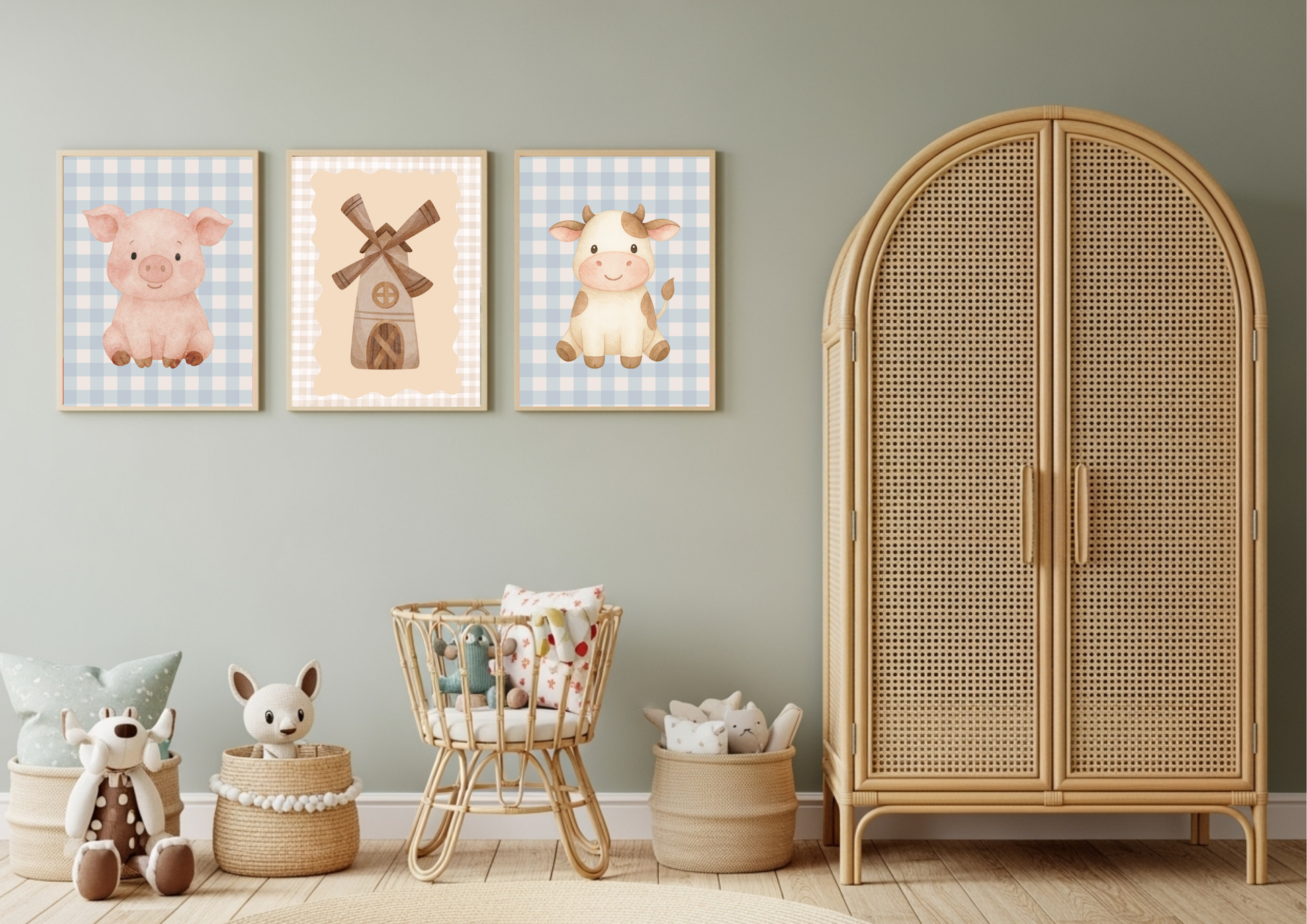 Children's room with framed animal prints and wicker furniture.