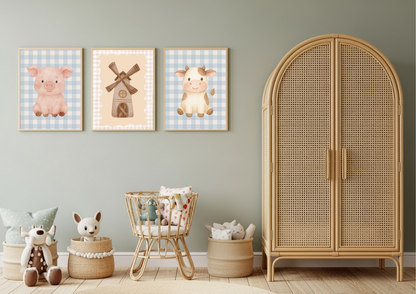 Children's room with framed animal prints and wicker furniture.