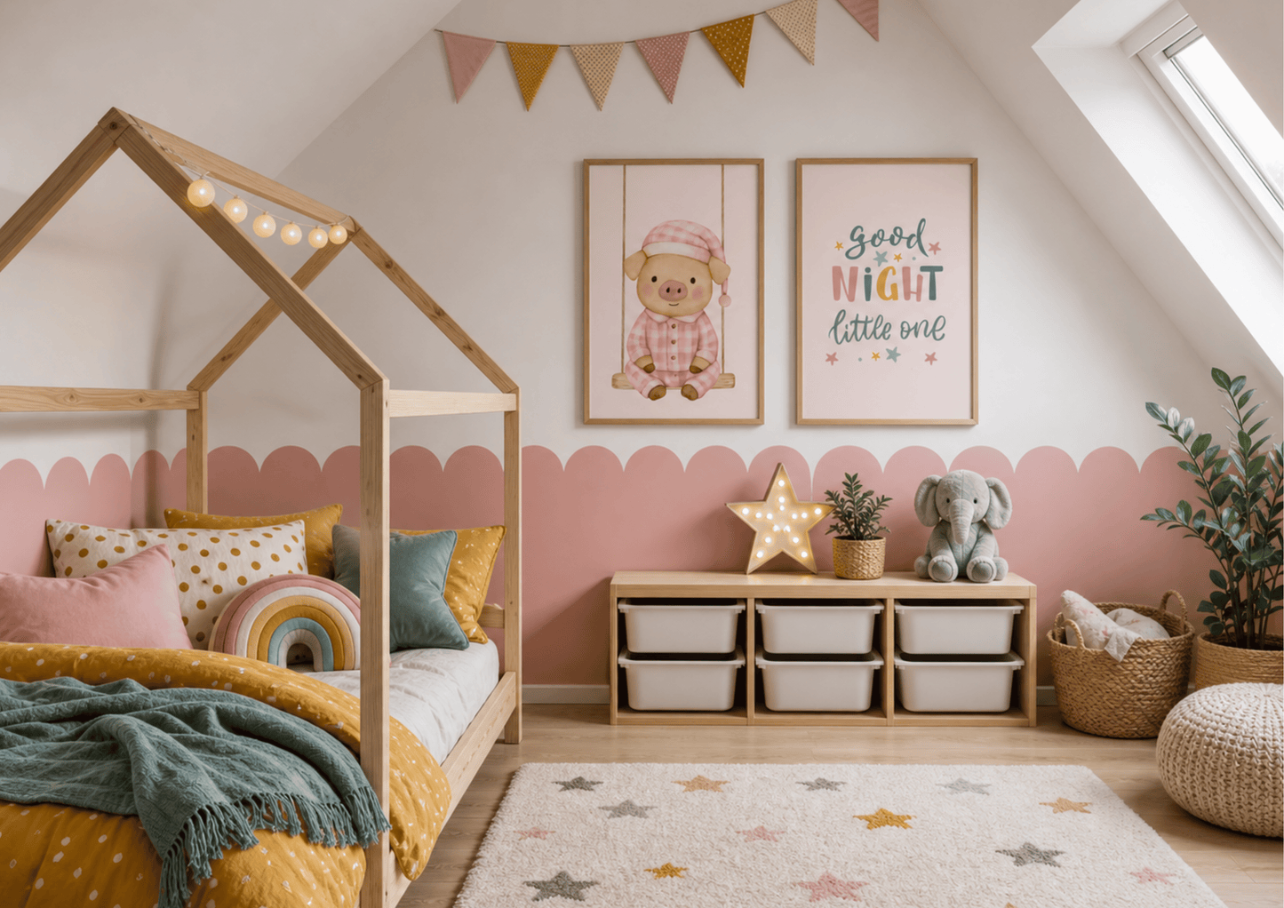A cozy children's bedroom with a wooden house-frame bed, pink scalloped wall paneling, two framed wall prints, a small storage cabinet, star-patterned rug, and plants.