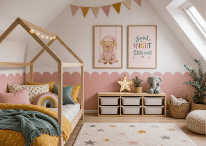 A cozy children's bedroom with a wooden house-frame bed, pink scalloped wall paneling, two framed wall prints, a small storage cabinet, star-patterned rug, and plants.