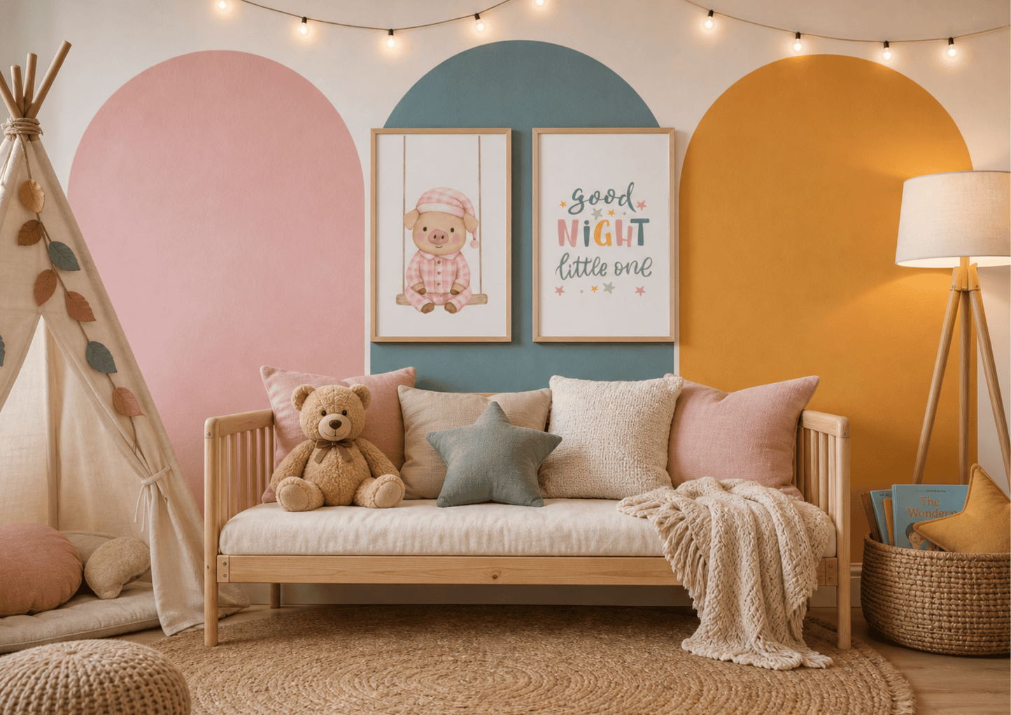 A cozy children's bedroom or play area featuring a light wood daybed with blush pink, cream, and sage green pillows, a teddy bear, and a cream throw blanket. The background has painted arches in pink, teal, and mustard yellow, with two framed art prints hanging on the wall.