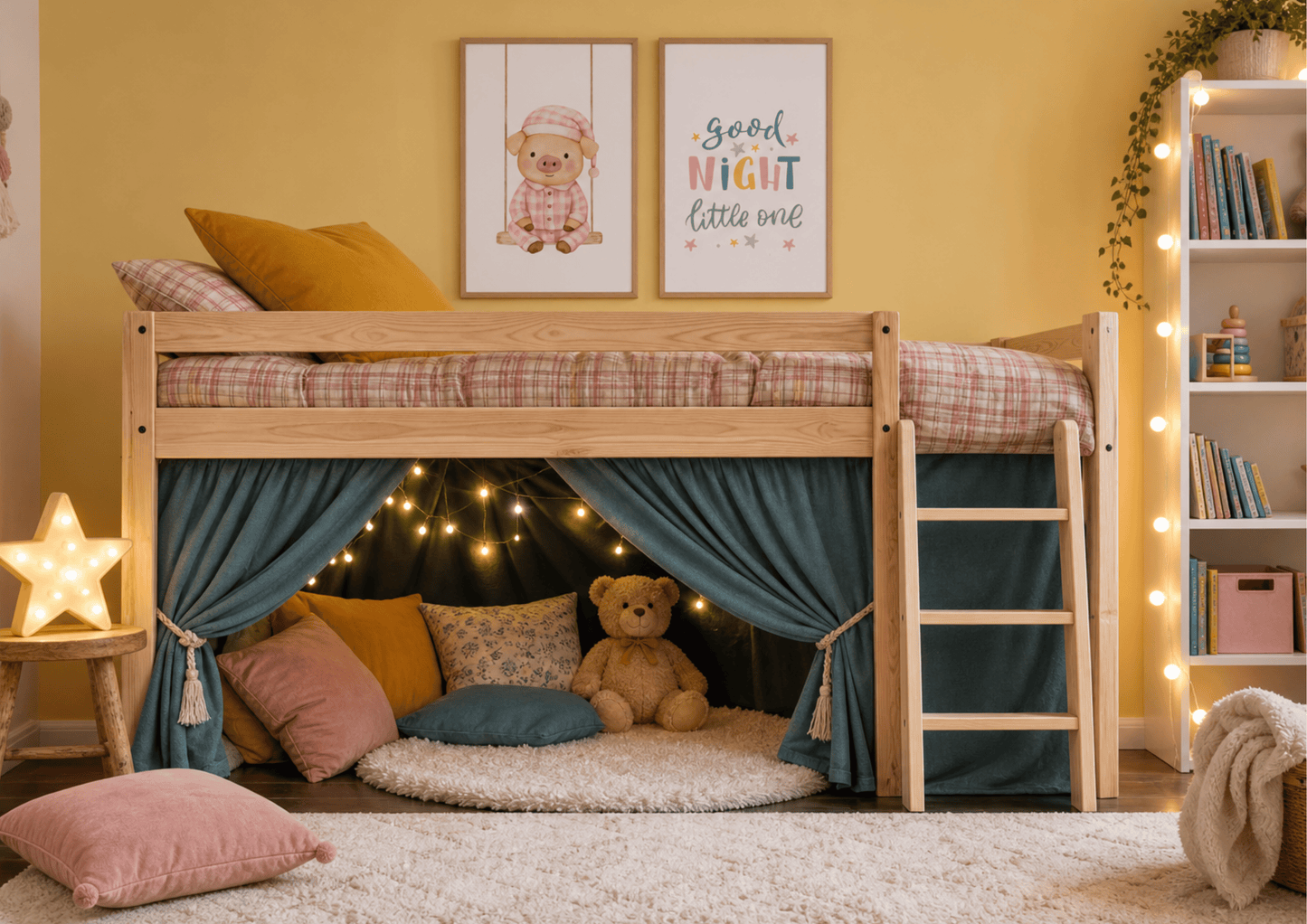 A wooden loft bed in a cozy children's bedroom, styled with teal curtains, fairy lights, pillows, a teddy bear, and two framed wall prints. The room has a warm yellow wall and a white bookshelf with string lights.