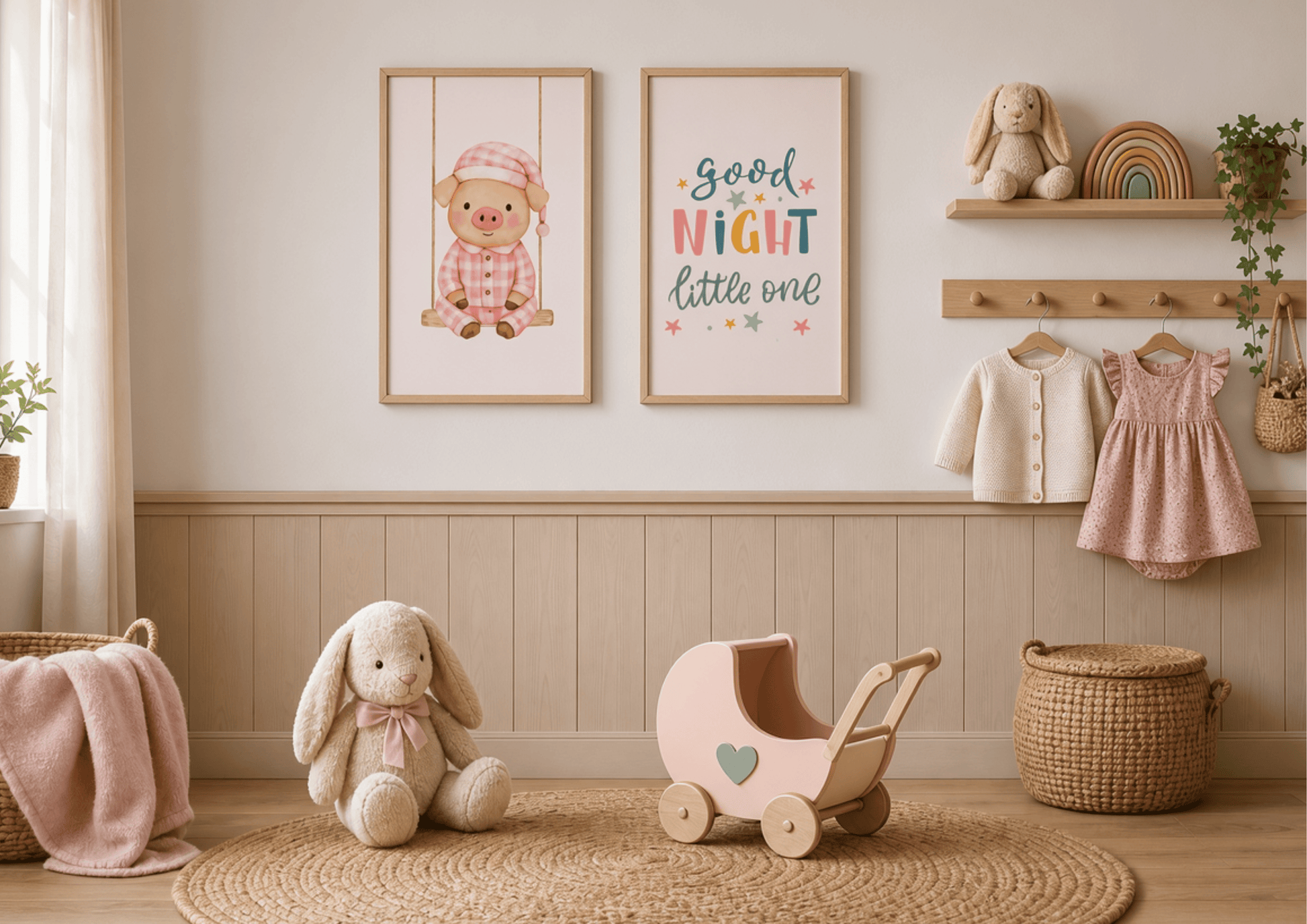 A styled nursery interior with two framed wall prints above a play area. The left print shows a pig in a pink hat, and the right print reads “good NIGHT little one” in pastel lettering.