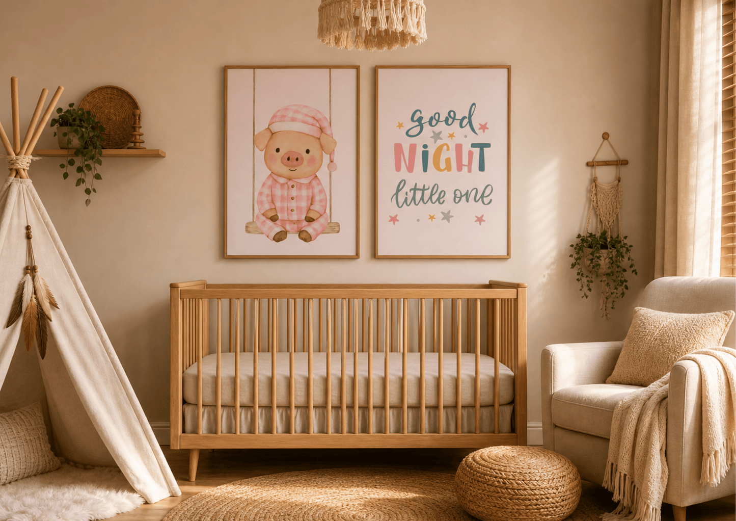 A styled nursery interior with a wooden crib centered against a beige wall, flanked by a cream teepee on the left and a matching armchair on the right. Above the crib are two framed wall art prints: one showing a pig in a pink outfit and the other reading 'good NIGHT little one' in pastel lettering.